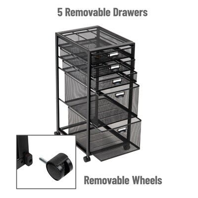 Mind Reader 5-Drawer Mobile Cart with Drawers Laundry Organizer Utility Cart with Wheels, Metal, Black (5TWHEEL-BLK)