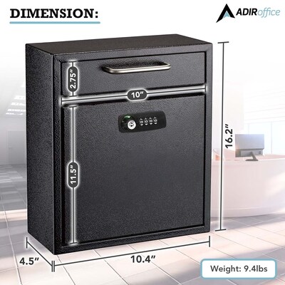 AdirOffice Steel Combination Locking Wall Mounted Interoffice Drop Box Mailbox, Medium, Black (631-05-BLK-KCPK)