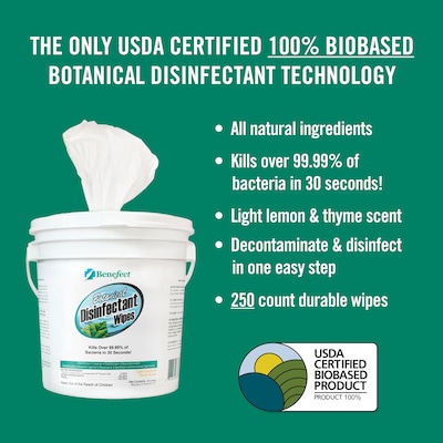 Benefect Botanical Disinfecting Wipes, Light Lemon/Thyme Scent, 250 Wipes/Container (20376)