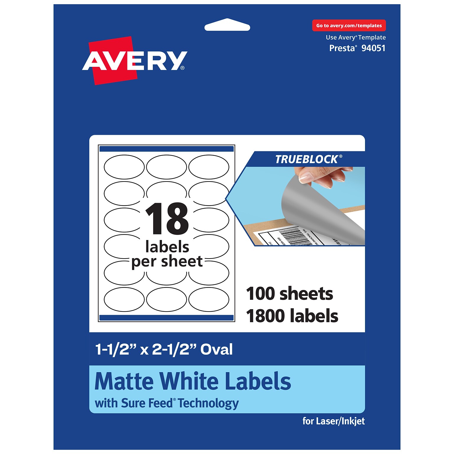 Avery TrueBlock Laser/Inkjet Oval Multipurpose Labels, 1.5 x 2.5, White, 1800/Box (94051)