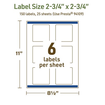 Avery Dissolvable Square Multipurpose Labels, 2.75" x 2.75", Off-white, 150/Pack (94109)