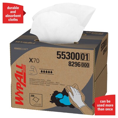 WypAll PowerClean X70 Cloths, 11.1" x 16.8", White, 200 Sheets/Box (55300)