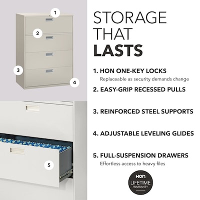 HON Brigade 600 Series 4-Drawer Lateral File Cabinet, Locking, Letter/Legal, Gray, 42"W (HON694LQ)