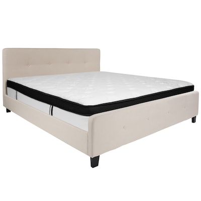Flash Furniture Tribeca Tufted Upholstered Platform Bed in Beige Fabric with Memory Foam Mattress, K