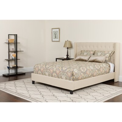 Flash Furniture Riverdale Tufted Upholstered Platform Bed in Beige Fabric with Pocket Spring Mattress, Full (HGBM34)