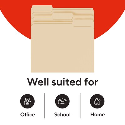 Staples Reinforced File Folders, Letter Size, 1/3-Cut Tabs, Assorted Positions, Manila, Heavy-Duty Construction, 250/Box