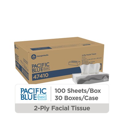 Pacific Blue Basic Facial Tissue, 2-ply, 100 Tissues/Box, 30 Boxes/Pack (47410)