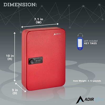 AdirOffice 48-Key Cabinet with Combination Lock and Key Tags, Red (682-48-RED-689-PKG)