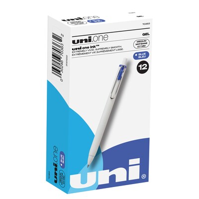 uni one Retractable Gel Pens, Medium Point, 0.7mm, Blue Ink, Dozen (70363)