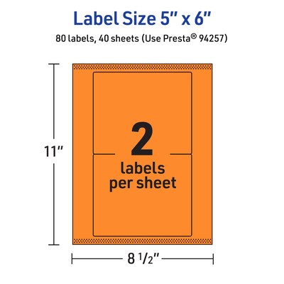 Avery Laser/Inkjet Multipurpose Rectangle Labels, 5" x 6", Bright Orange, 80/Pack (94257)
