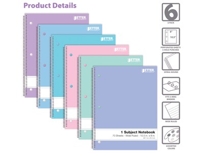 Better Office 1-Subject Notebooks, 8" x 10.5", Wide Ruled, 70 Sheets, 6/Pack (25626-6PK)