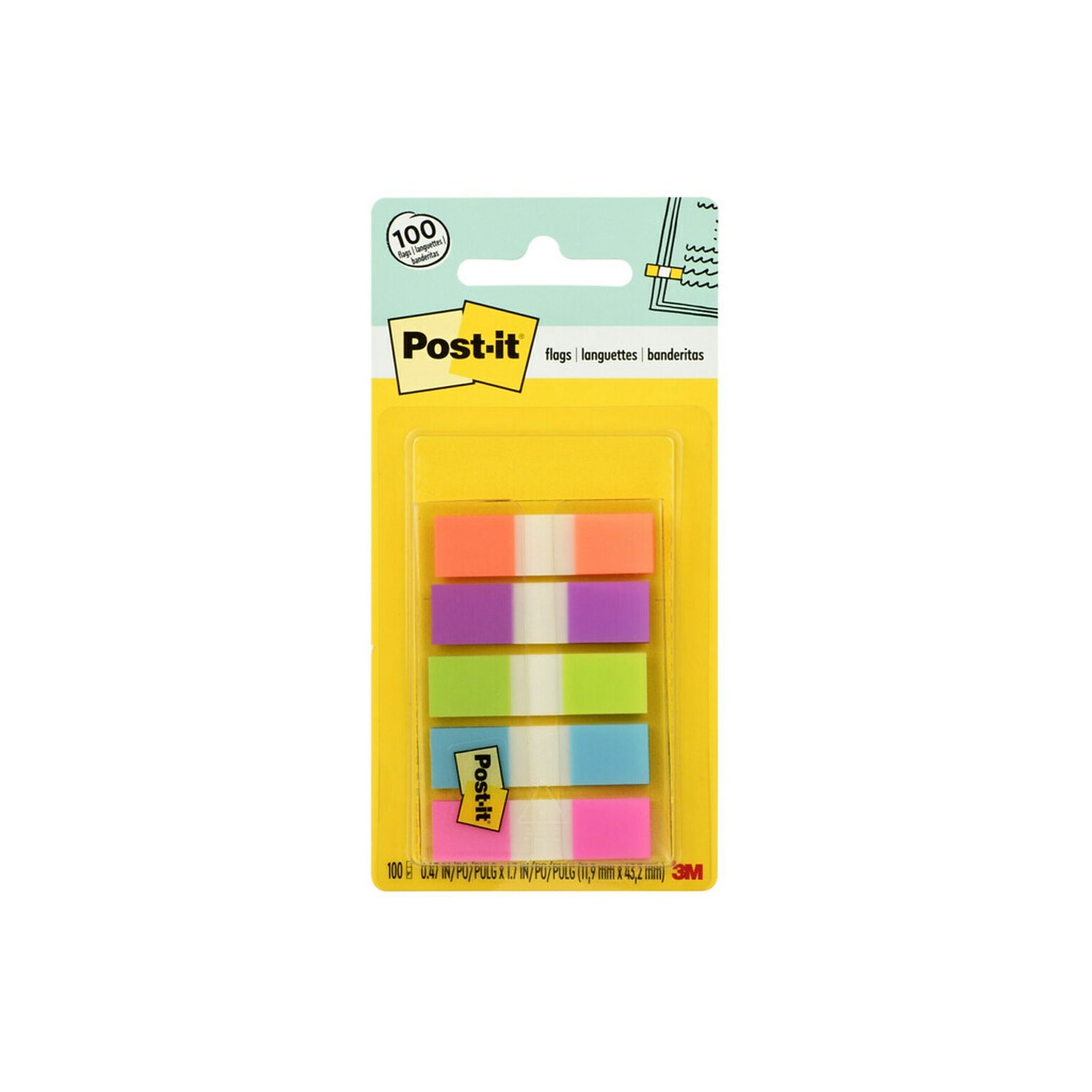 Post-it® Flags, 0.5 Wide, Assorted Bright Colors, 100 Flags/Pack (683-5CB2)