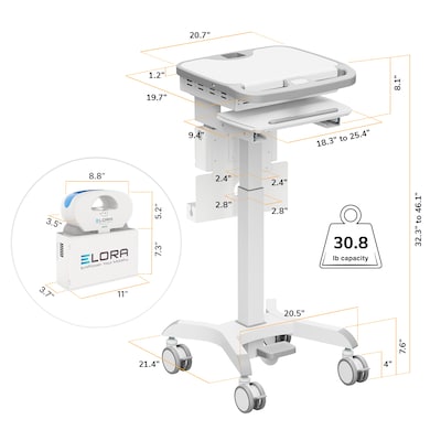 Mount-It! MedHub Powered Height-Adjustable Medical Cart Workstation with Power Kit & Built-In Power Strip, White/Gray (MI-16056)