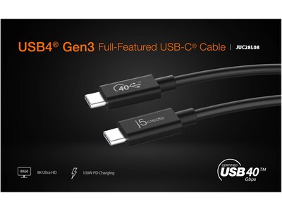 j5create 2.6' USB C to USB C Power Cable, Male to Male, Black (JUC28L08)