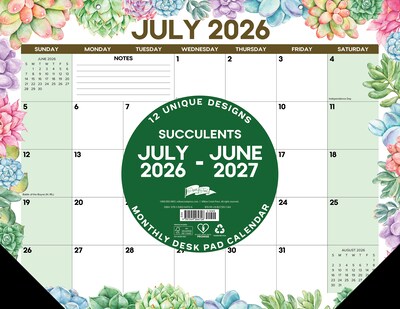2026-2027 Willow Creek 22 x 17 Academic Monthly Desk Pad Calendar, Succulents (64726)