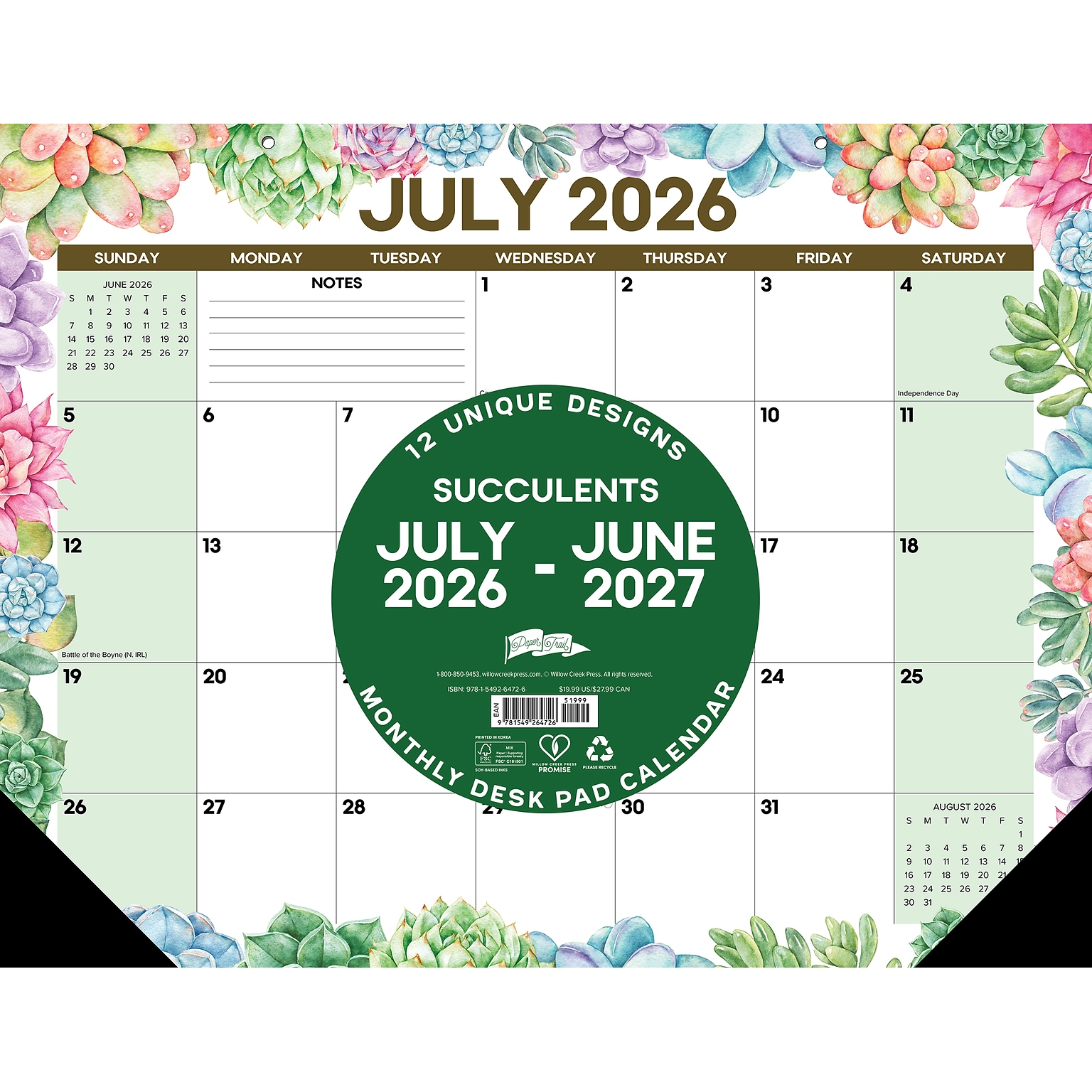 2026-2027 Willow Creek 22 x 17 Academic Monthly Desk Pad Calendar, Succulents (64726)