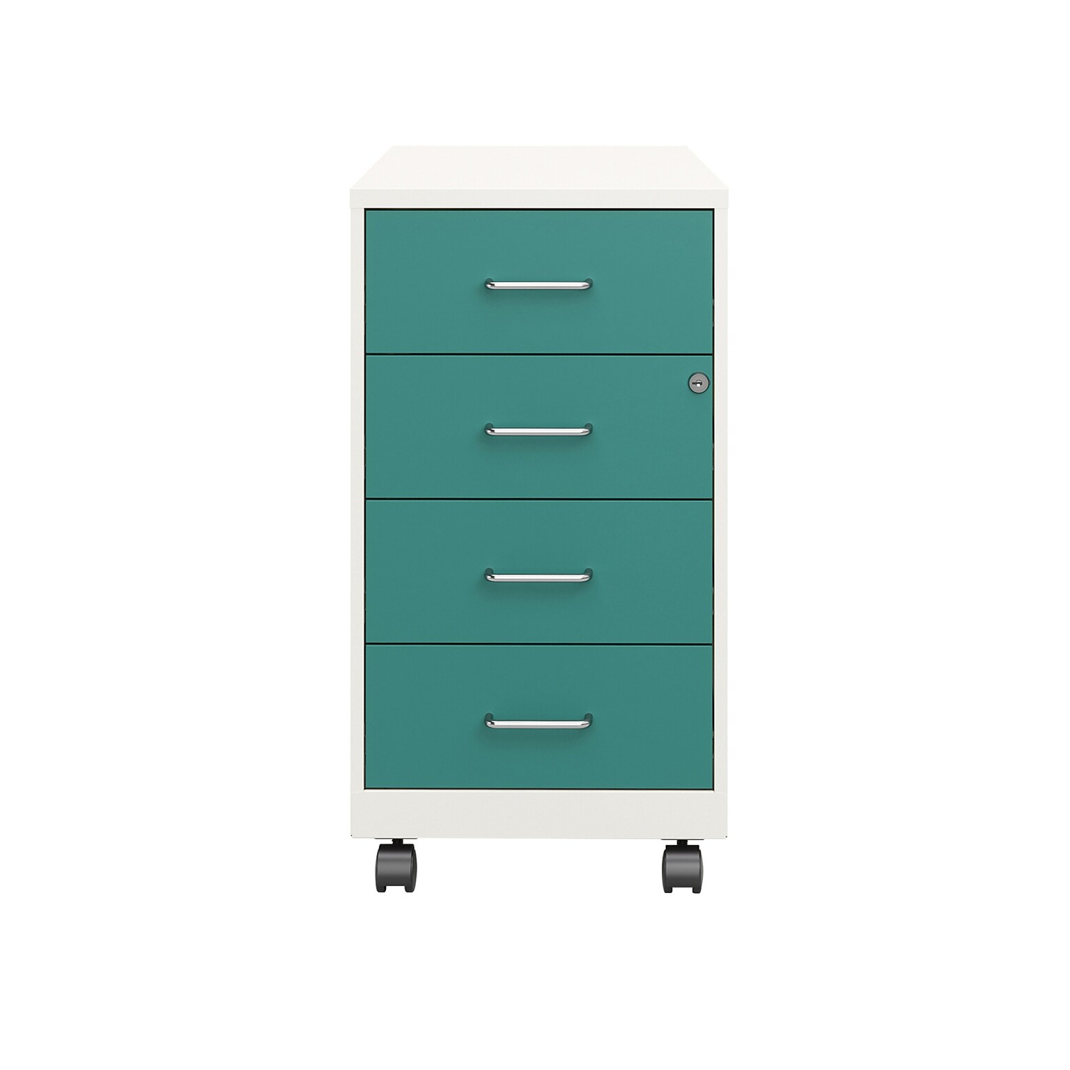 Space Solutions 18 4-Drawer Metal Mobile Organizer, Locking, Pearl White/Teal (25948)