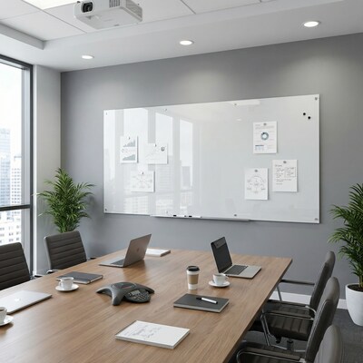 TRU RED™ Magnetic Tempered Glass Dry Erase Board, White, 8' x 4' (TR61198)