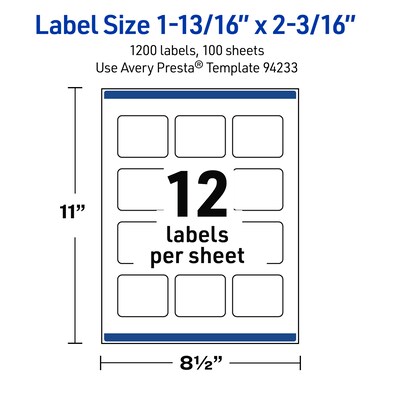 Avery Waterproof Rectangle Laser Multipurpose Labels, 1-13/16" x 2-3/16", White, 1200/Box (19479399287)