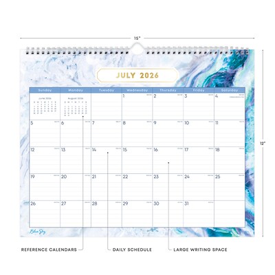 2026-2027 Blue Sky Wirebound Gemma 12 x 15 Academic Monthly Wall Calendar, Assorted Colors (147010-A27)