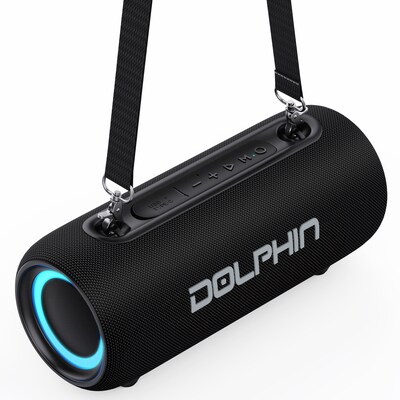 Dolphin Audio Wireless Bluetooth Portable Speaker with RGB Lights & Shoulder Strap, Water Resistant, Black (LX-30)