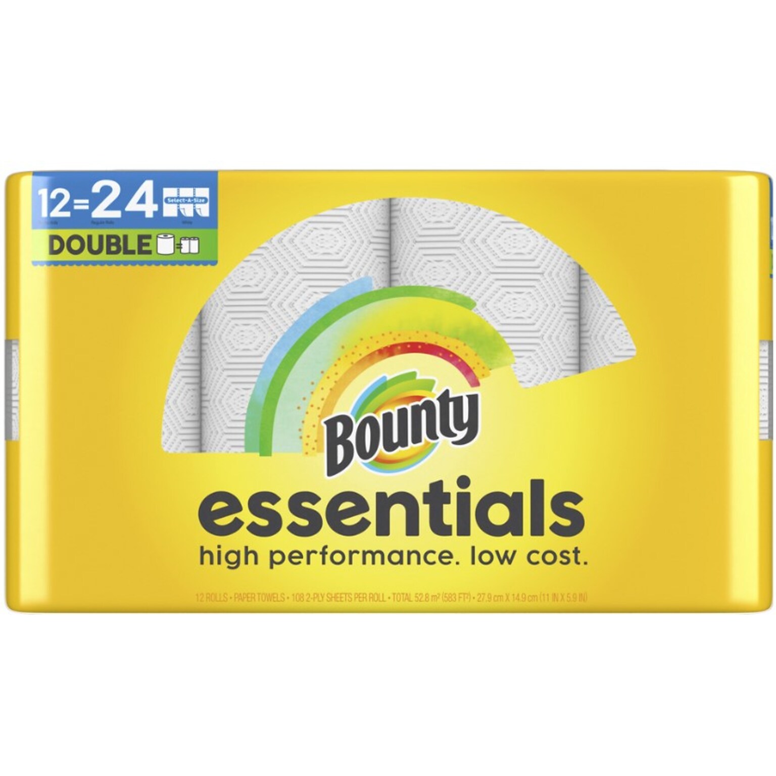 Bounty Essentials Select-A-Size Paper Towels, 12 Double Rolls, White, 108 Sheets/Roll, 12 Rolls/Pack (11093)