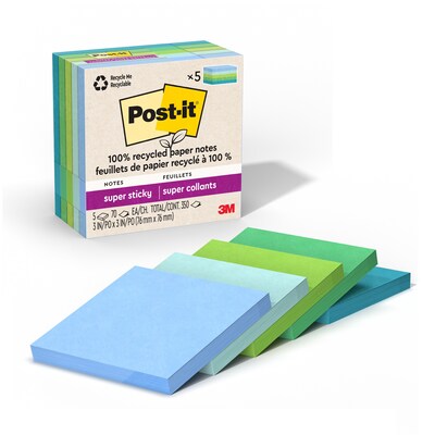 Post-it Oasis Recycled Super Sticky Notes, 3 x 3, Oasis Collection, 70 Sheets/Pad, 5 Pads/Pack (65