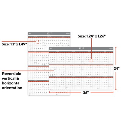 2027 Staples 36" x 24" Yearly Wall Calendar, Reversible, White/Red/Gray (ST53903-27)