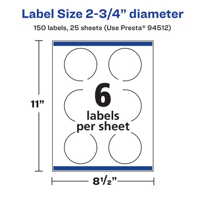 Avery Laser/Inkjet Circle  Waterproof Multipurpose Labels, 2.75"  Dia, White, 150/Pack (94512)