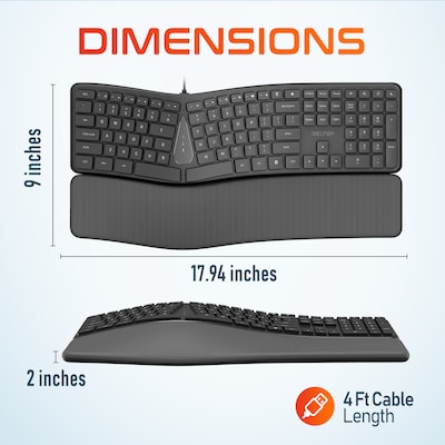 Delton KB250 Wired Ergonomic Keyboard with Cushioned Wrist Rest, USB-A, Black (DKBE250-U)