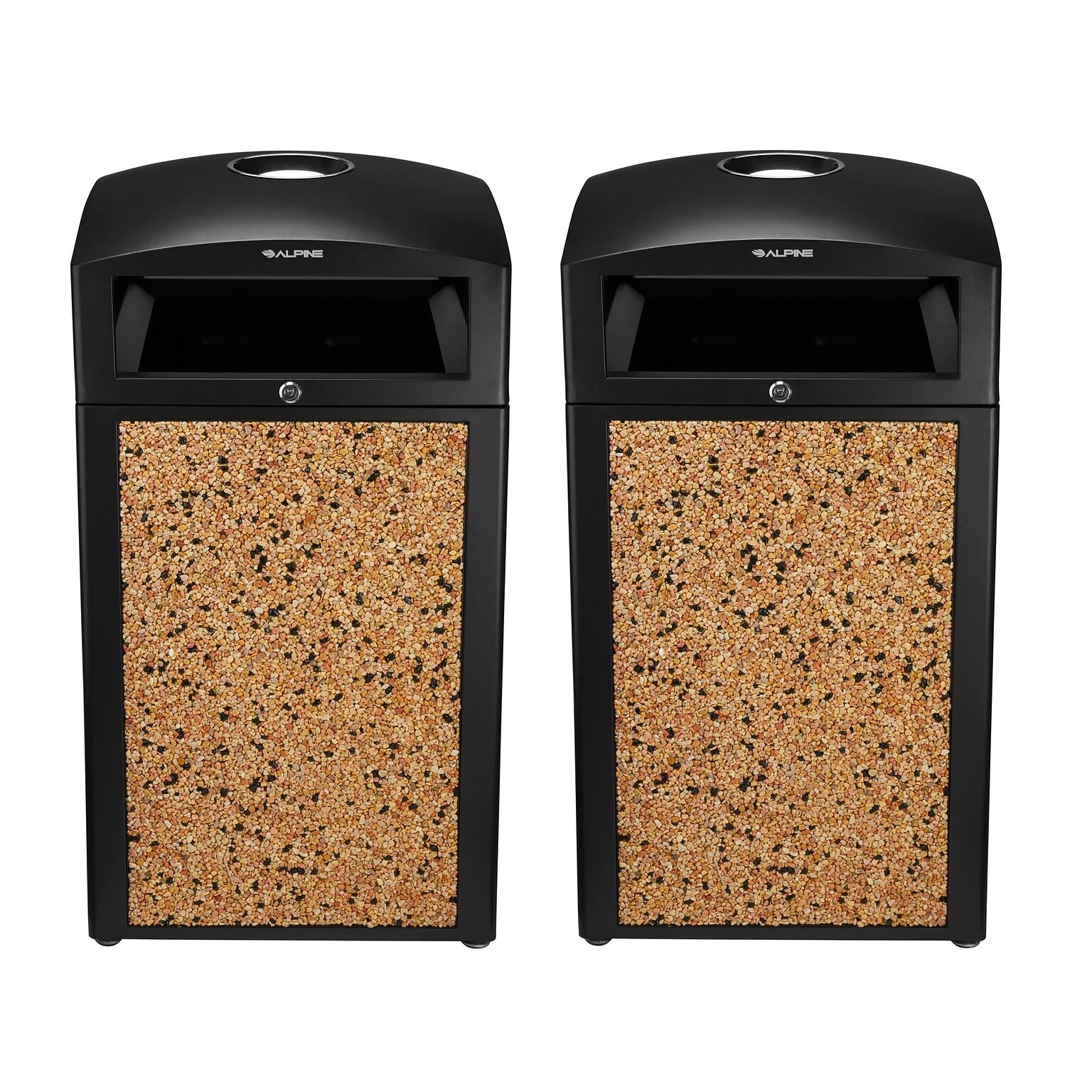 Alpine Industries Steel Outdoor Trash Can with Covered Top and Open Sides, 40 Gallon, Black/Stone, 2/Pack (ALP472-40-STO-2PK)