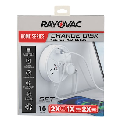 RAYOVAC Charge Disk 2-Outlet 3-USB Port Surge Protector, 5-ft., 540 Joules, White (SS-P203)