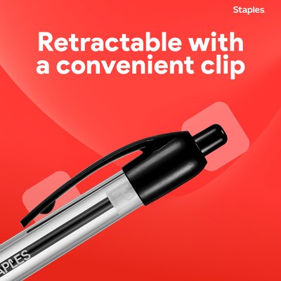 Staples® Retractable Ballpoint Pens, Fine Point, 0.7mm, Black Ink, Dozen (50786-CC)
