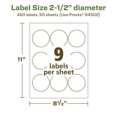 Avery EcoFriendly Laser/Inkjet Circle Multipurpose Labels, 2-1/2" Dia., White, 450/Box (94502)