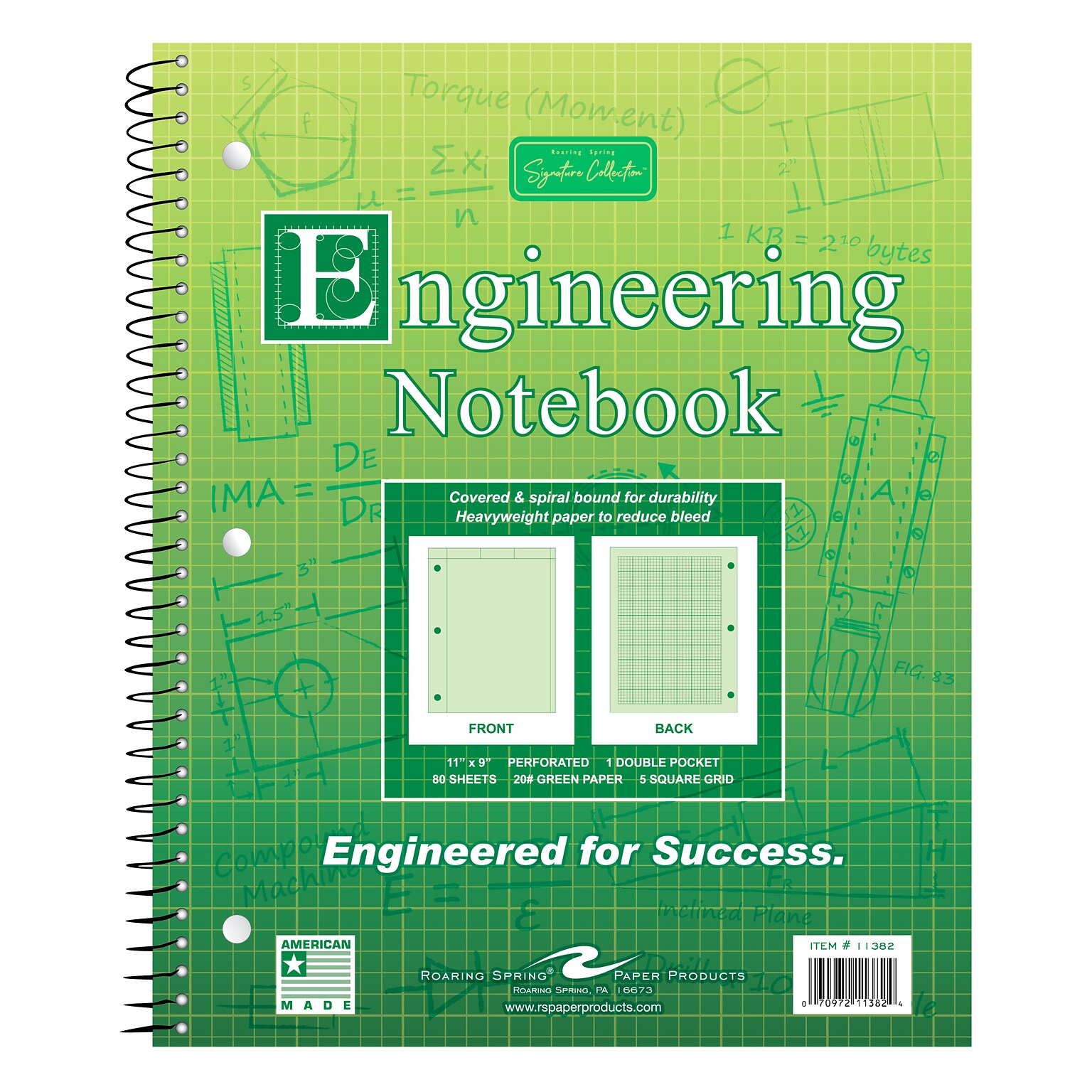 Roaring Spring Paper Products Signature 1-Subject Professional Notebooks, 8.5 x 11, Graph Ruled, 80 Sheets, Green (11382)