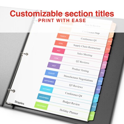 Staples Customizable Table of Contents Monthly Dividers, 12-Tabs, Multicolor
