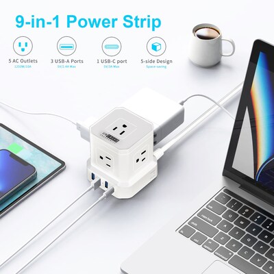Uncaged Ergonomics Cube 5-Outlet 4-USB Port Surge Protector, 10', White (PC-w-c)