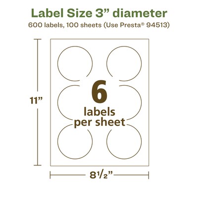 Avery EcoFriendly Laser/Inkjet Circle Multipurpose Labels, 3" Dia., White, 600/Box (94513)