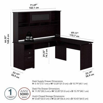 Bush Furniture Cabot 72"W 3 Position Sit to Stand L Shaped Desk with Hutch, Espresso Oak (CAB052EPO)