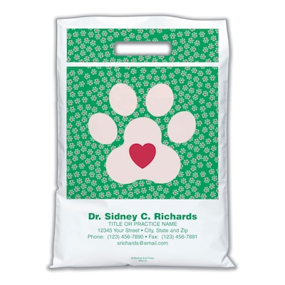 Medical Arts Press® Veterinary Personalized Large 2-Color Supply Bags; 9 x 13, Paw Print w/Heart, 1