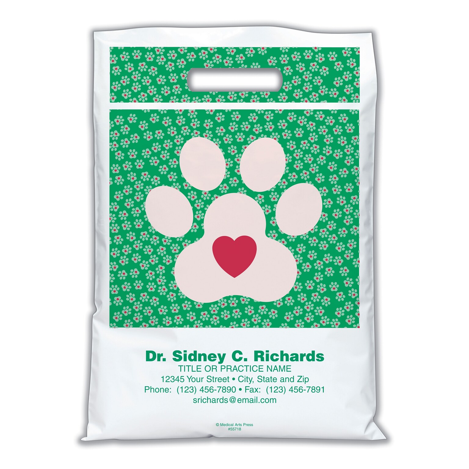 Medical Arts Press® Veterinary Personalized Large 2-Color Supply Bags; 9 x 13, Paw Print w/Heart, 100 Bags, (55718)