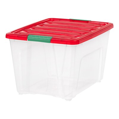 Iris Holiday Large Stackable Plastic Storage Box, 13" x 16.5" x 22", 54 Qt., Clear/Red, 4/Pack (500531)