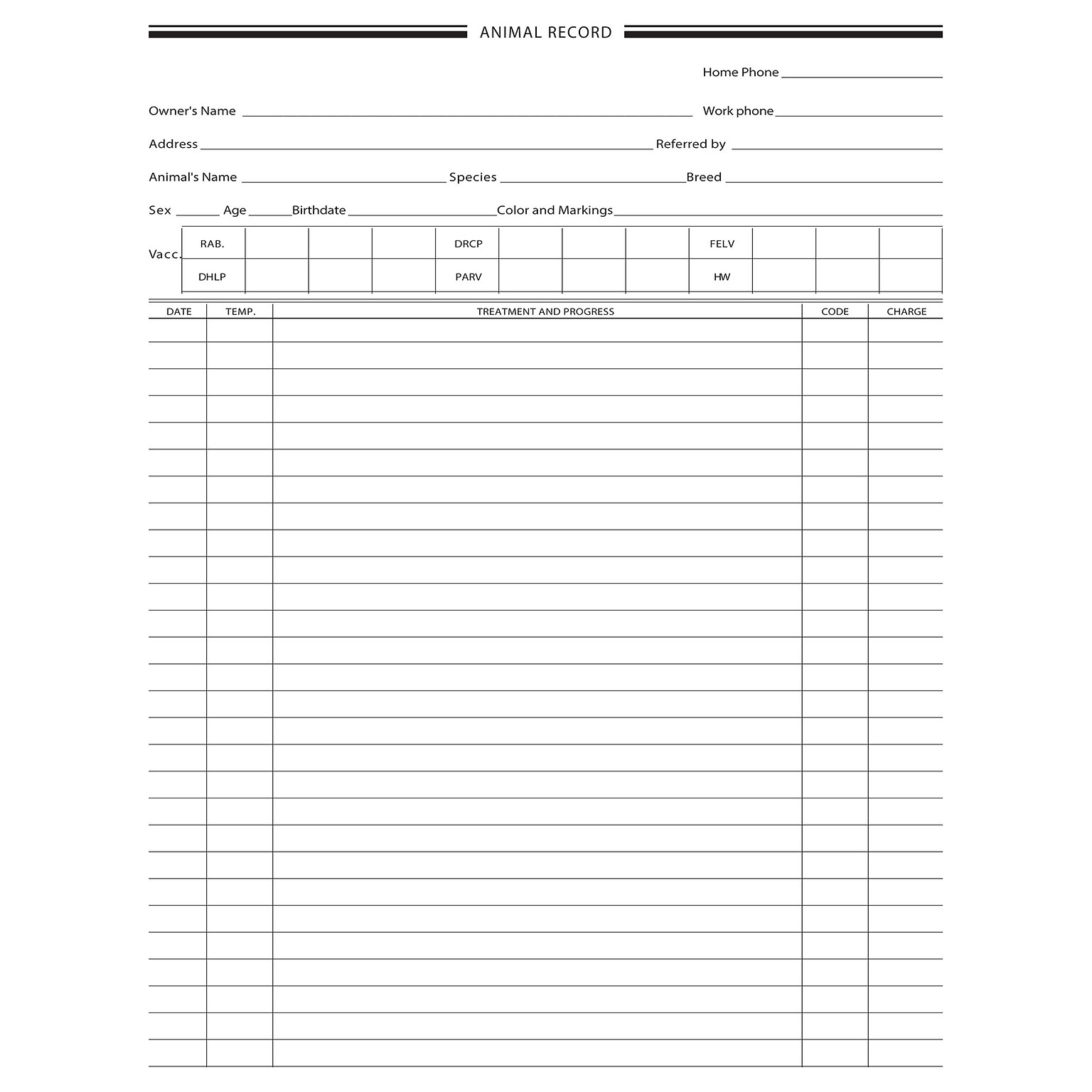 Medical Arts Press® Animal Patient Record,  Vaccination Chart