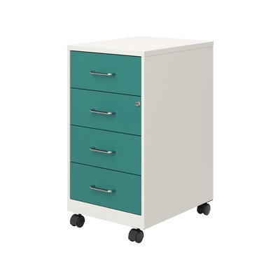 Space Solutions 18 4-Drawer Metal Mobile Organizer, Locking, Pearl White/Teal (25948)