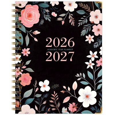 2026-2027 Excello Brands 8.5" x 11" Academic Weekly & Monthly Planner, Paperboard Cover, Black Floral Pink (FSHN-AY26-8511-06)
