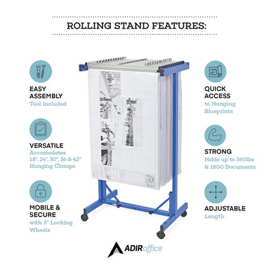 AdirOffice Metal Mobile File Cart with Swivel Wheels, Blue (615-BLU-PKG)