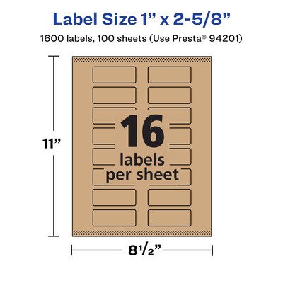Avery Laser/Inkjet Rectangle Multipurpose Labels, 1" x 2-5/8", Kraft Brown, 1600 Labels/Box ( 94201)