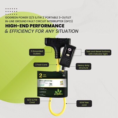 GoGreen Power 12/3 2' Portable Tri-Tap GFCI, Yellow (GG-12402)