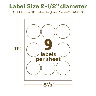 Avery Laser/Inkjet Round Multipurpose Labels, 2.5" Dia., White, 900 Labels/Box  (94502)