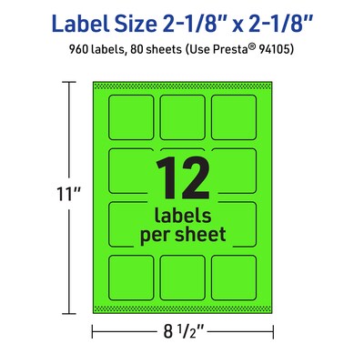 Avery Square Multipurpose Labels, 2-1/8" x 2-1/8", Neon Green, 960/Box (94105)